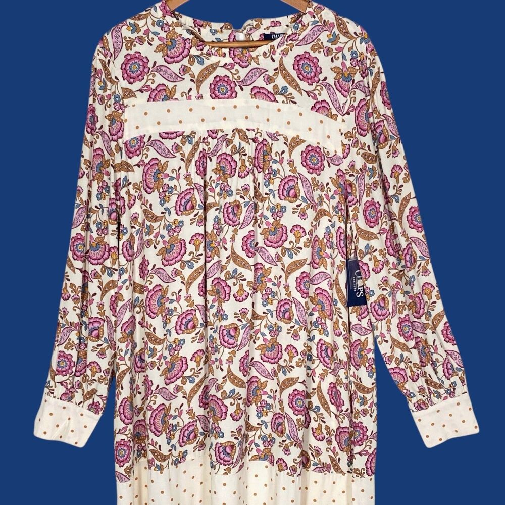 Chaps Womens Babydoll Dress XL Cream Pink Floral Paisley Cottagecore Retro New